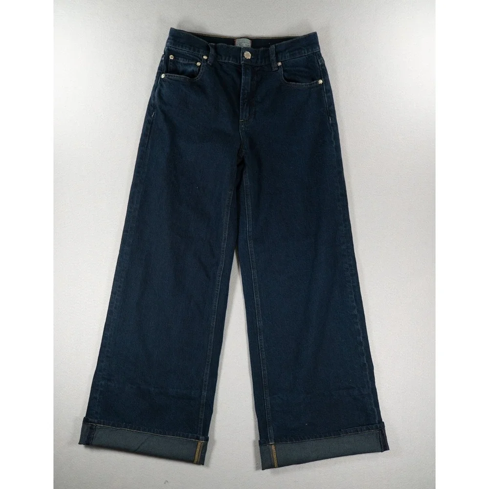 Alice + Olivia Trish Mid Rise Baggy Jeans Dark Rinse Wide Leg Cuff Denim 27
